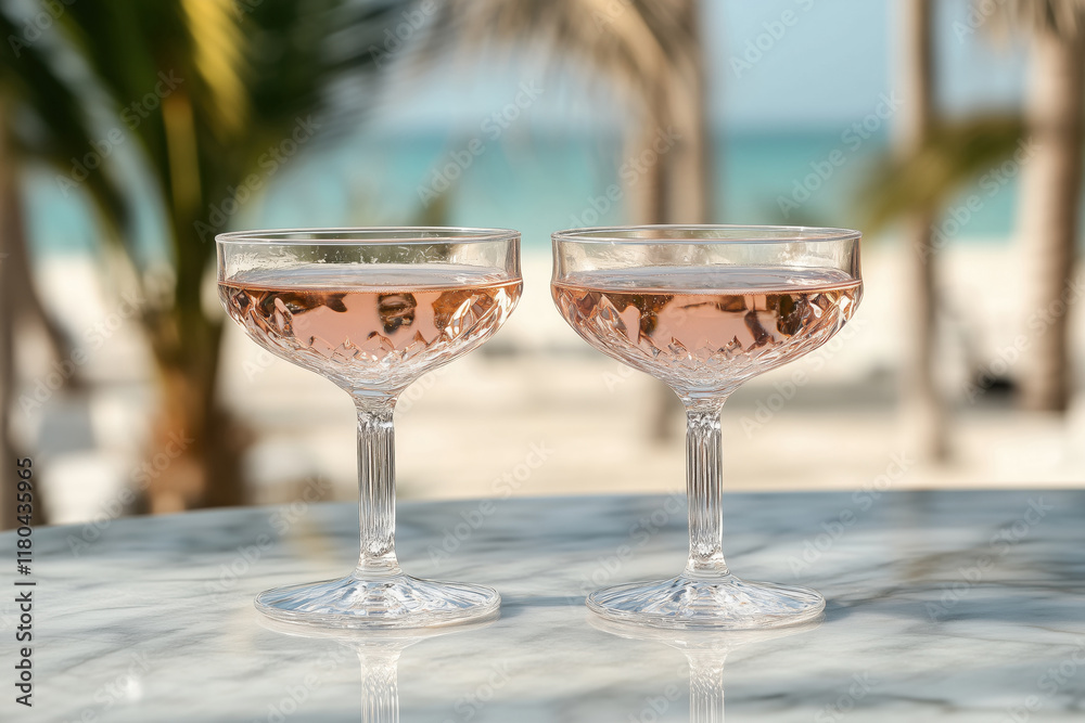 Set of two elegant coupe glasses with rose sparkling wine served on the table near the beach Set of two elegant coupe glasses with rose sparkling wine served on the table near the beach