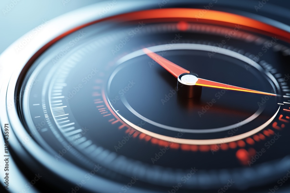 Sleek black analog clock with red and orange accents in focus Sleek black analog clock with red and orange accents in focus