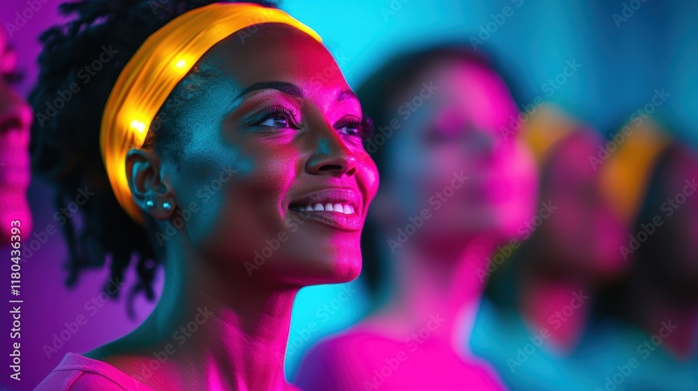 A woman with a bright smile enjoys an event, illuminated by colorful lighting, highlighting her joy and engagement in the moment. A woman with a bright smile enjoys an event, illuminated by colorful lighting, highlighting her joy and engagement in the moment.