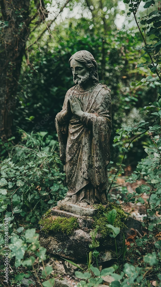 Weathered statue of a serene figure surrounded by lush greenery Weathered statue of a serene figure surrounded by lush greenery