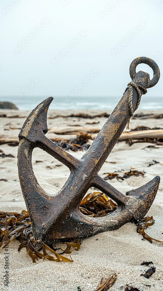 Fototapeta premium Rusty Anchor on Beach Surrounded by Seaweed and Driftwood