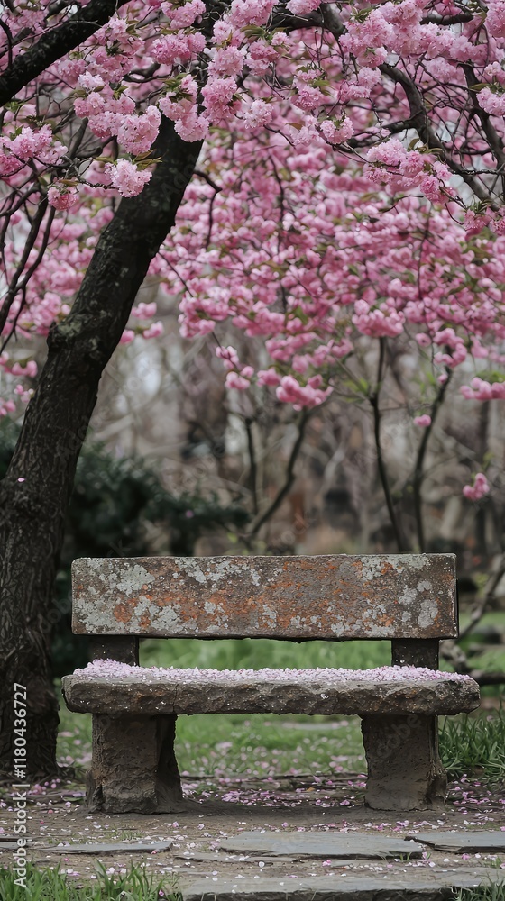 Serene Stone Bench Under Vibrant Blossom Tree in Tranquil Park Serene Stone Bench Under Vibrant Blossom Tree in Tranquil Park
