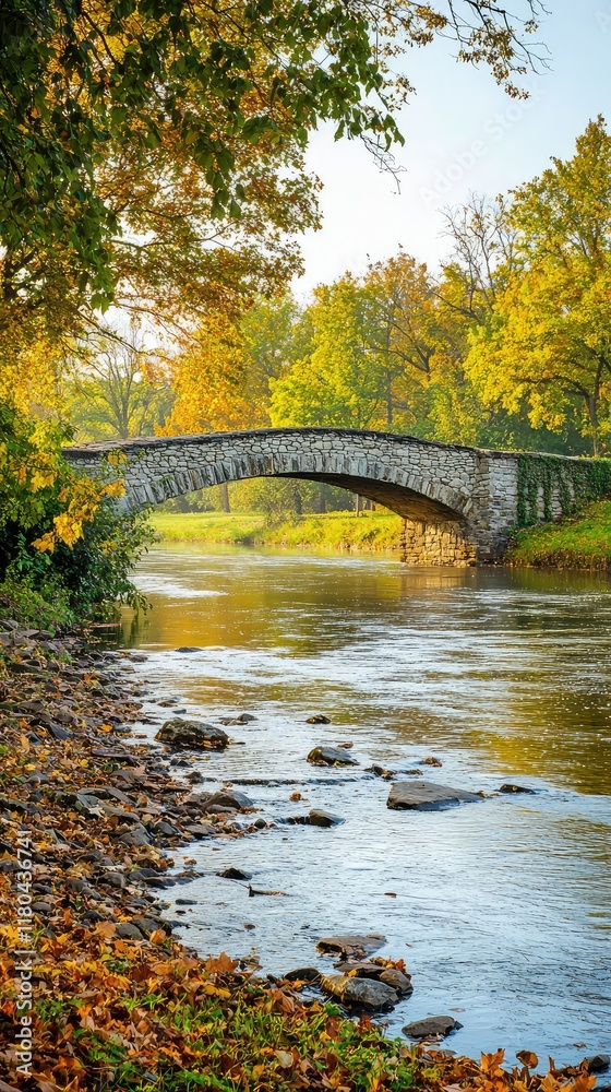 Obraz premium Tranquil Autumn Landscape with Stone Bridge Over Calm River