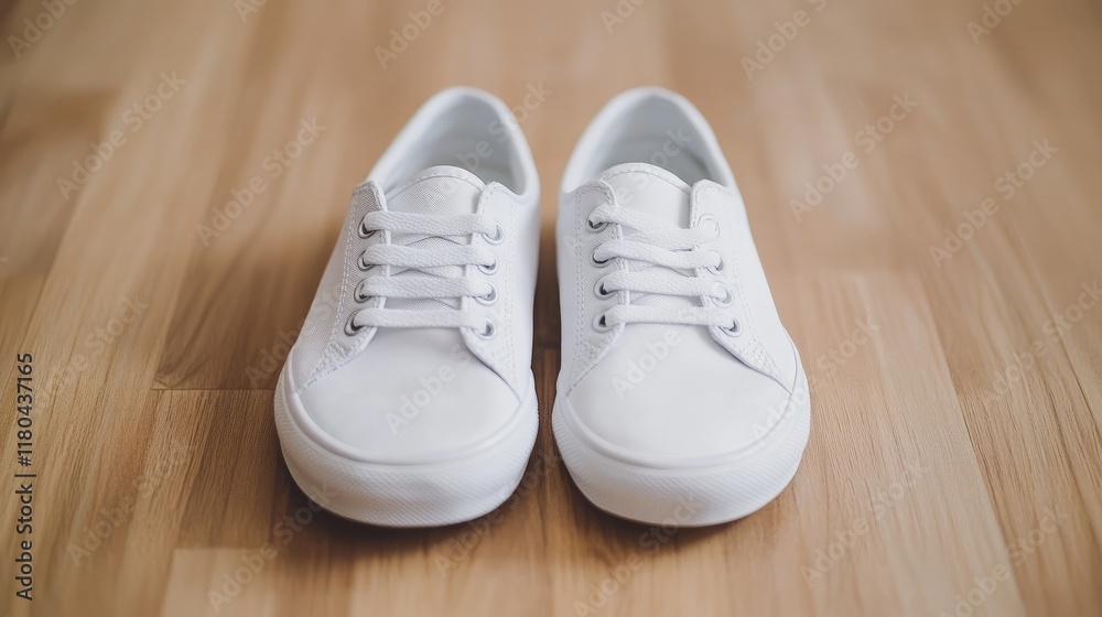 A pair of plain white canvas shoes placed on a clean, light wooden surface.
