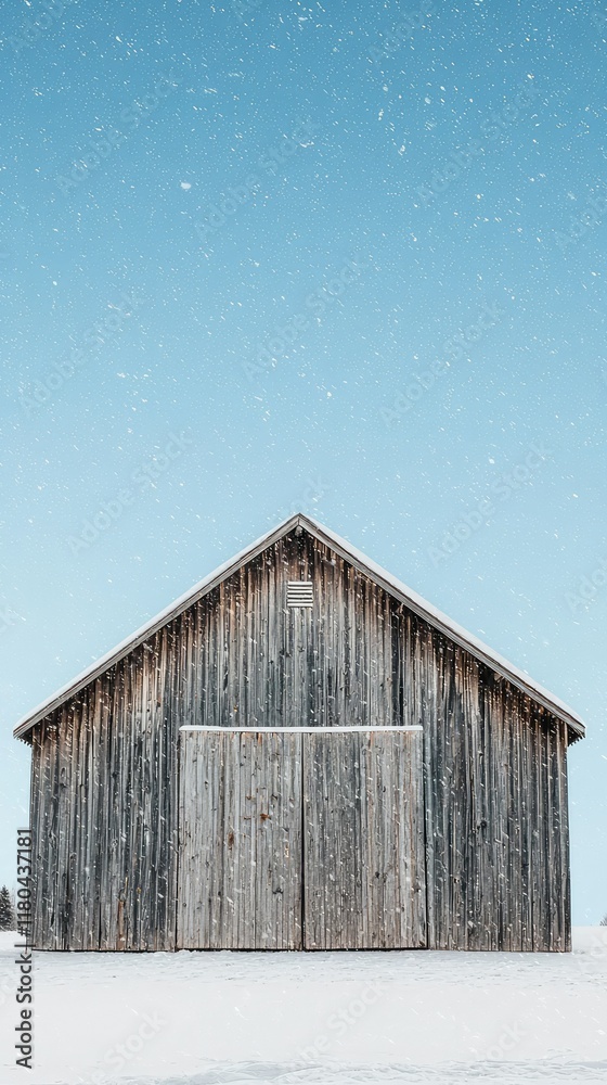 Rustic Wooden Barn in Snowy Landscape with Blue Sky Background Rustic Wooden Barn in Snowy Landscape with Blue Sky Background