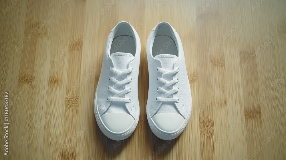 A pair of plain white canvas shoes placed on a clean, light wooden surface. A pair of plain white canvas shoes placed on a clean, light wooden surface.