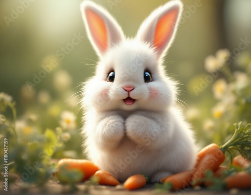 Adorable White Bunny in a Sunny Meadow, Whimsical Digital Art photo