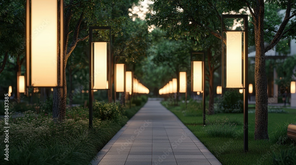 Fototapeta premium A serene pathway illuminated by glowing lanterns, lined with trees, creating a tranquil atmosphere for evening strolls.
