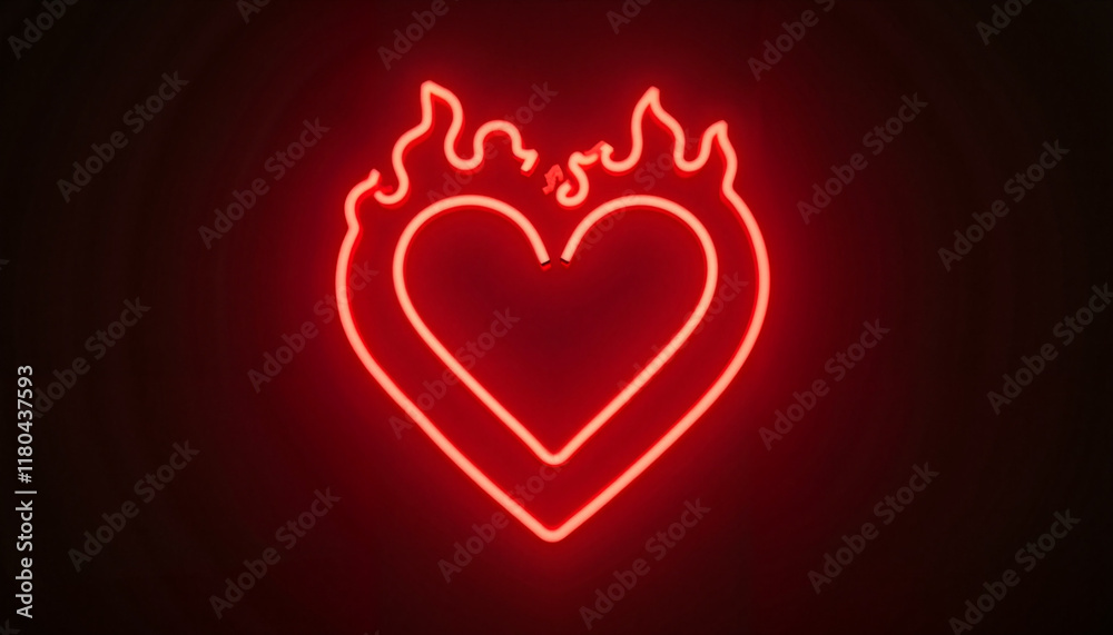Flaming heart neon sign against dark background Flaming heart neon sign against dark background