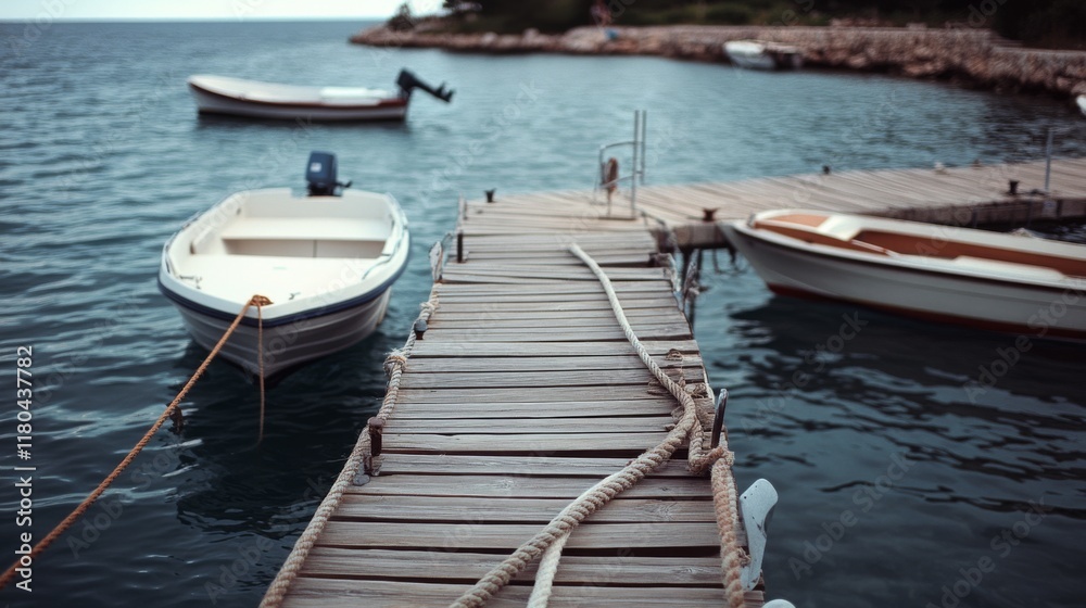 Serene dockside scene with wooden pier extending into calm waters, boats secured, hinting at a tranquil coastal day. Serene dockside scene with wooden pier extending into calm waters, boats secured, hinting at a tranquil coastal day.
