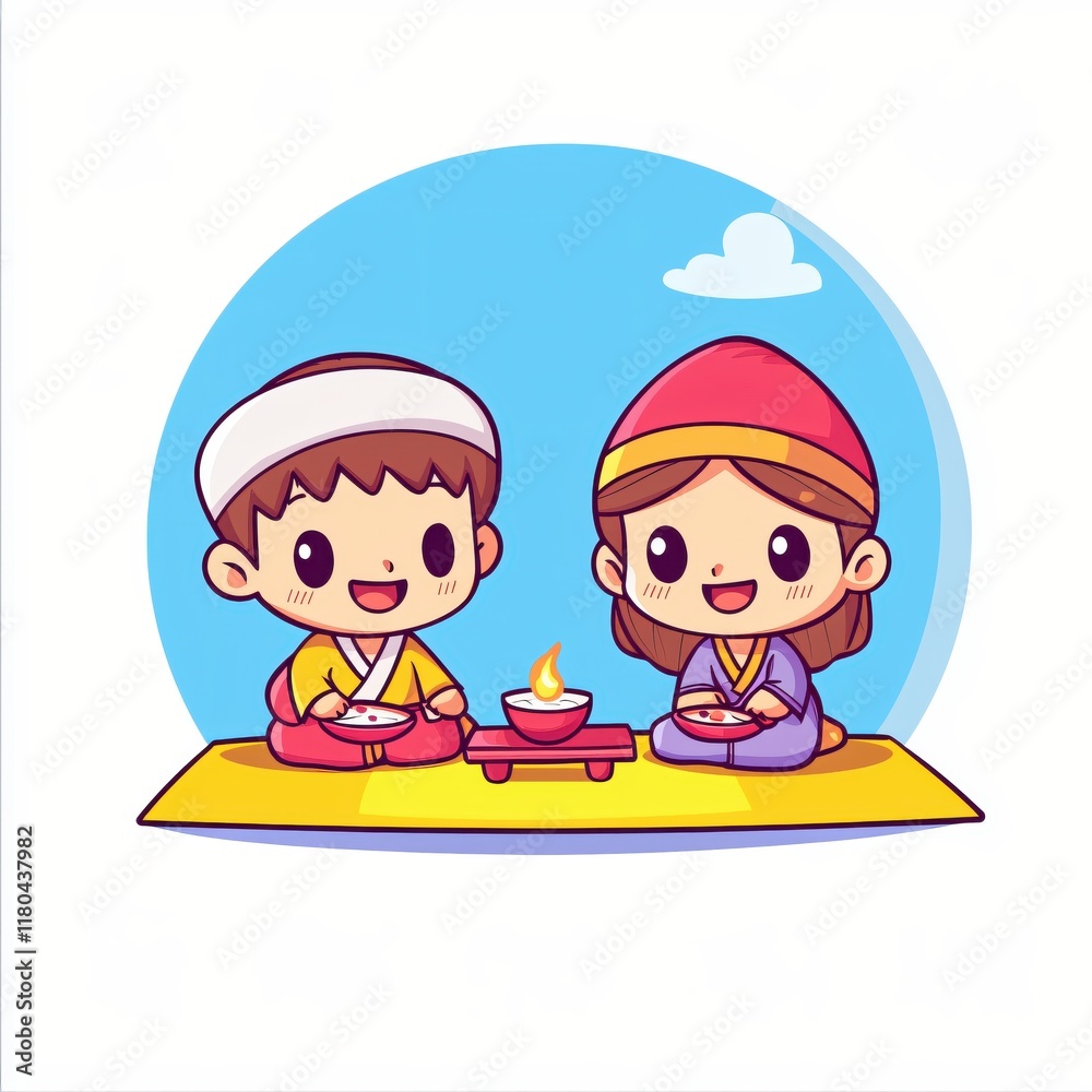 Adorable Cartoon Children Enjoying a Meal Together Under a Sunny Sky Adorable Cartoon Children Enjoying a Meal Together Under a Sunny Sky