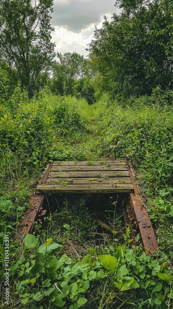 Overgrown Railway Tracks Surrounded by Lush Green Vegetation Overgrown Railway Tracks Surrounded by Lush Green Vegetation