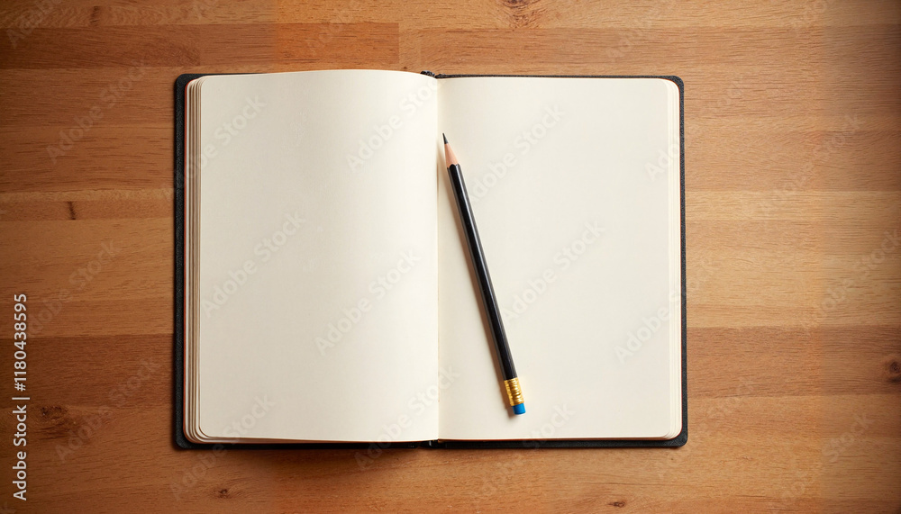 Open notebook with pencil on wooden table, notepad and pencil mockup Open notebook with pencil on wooden table, notepad and pencil mockup