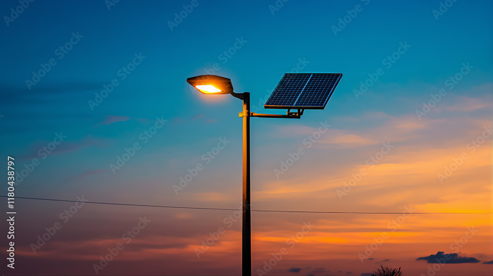 Solar power LED street, floodlight renewable energy with solar panel illumination at night Solar power LED street, floodlight renewable energy with solar panel illumination at night