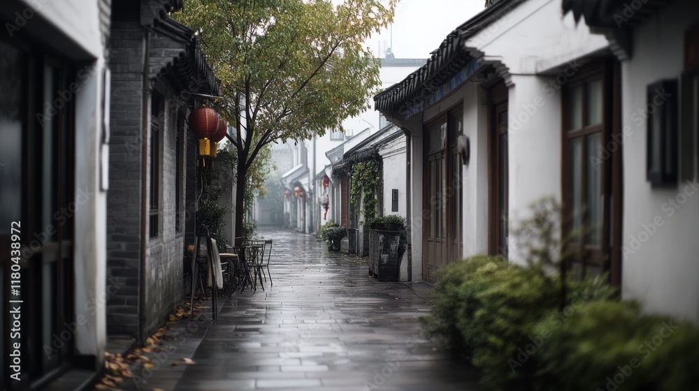 A tranquil, narrow street lined with traditional architecture and wet from rain, evokes nostalgic peace on a quiet day. A tranquil, narrow street lined with traditional architecture and wet from rain, evokes nostalgic peace on a quiet day.