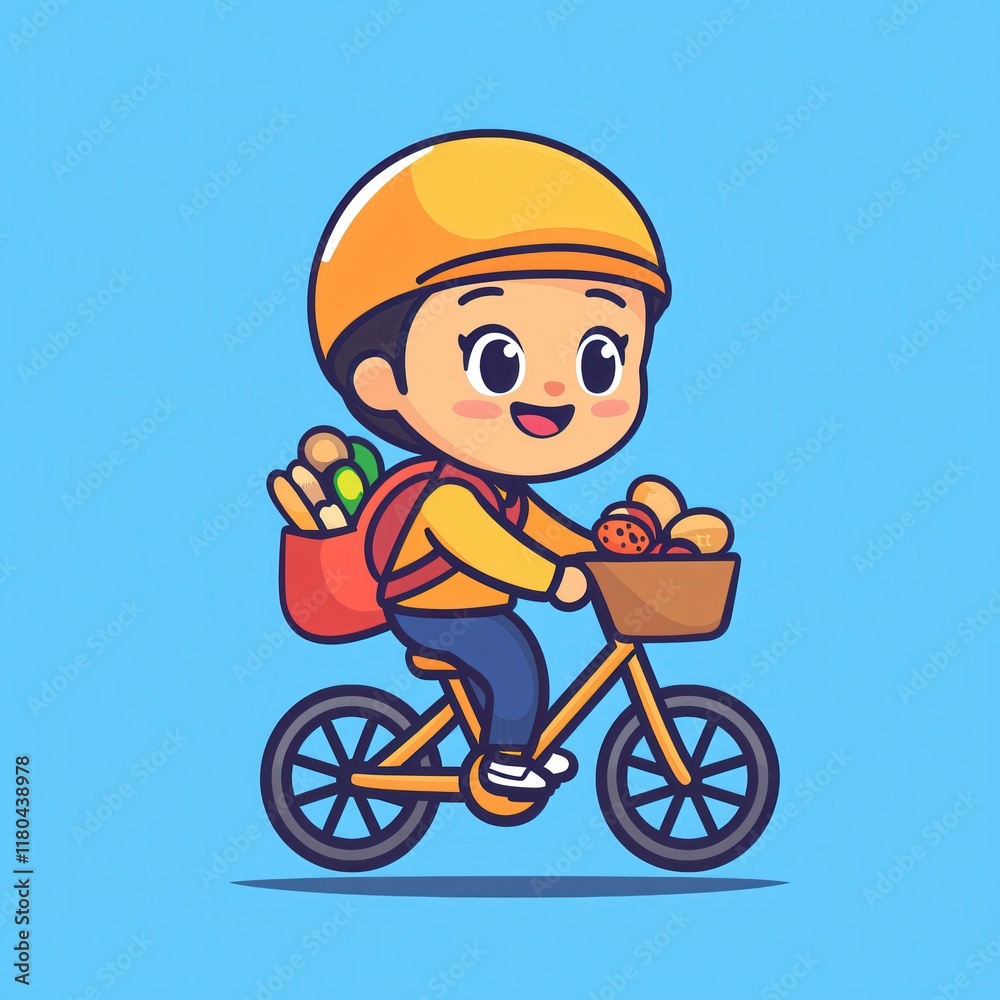 Happy Child Delivering Groceries on Bicycle Cute Cartoon Illustration Happy Child Delivering Groceries on Bicycle Cute Cartoon Illustration