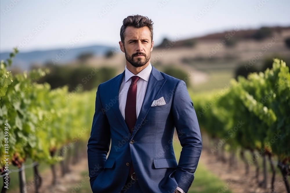 Portrait of a handsome man in a vineyard wearing a blue suit