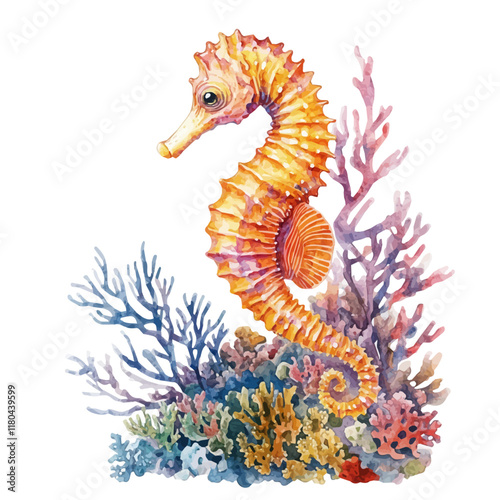 A watercolor of a seahorse swimming in the coral reef, isolated on a white background. Seahorse vector.
