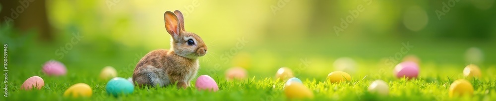 Obraz premium Adorable little bunny sitting on a patch of green grass with colorful Easter eggs surrounding it, small creature, green grass, spring