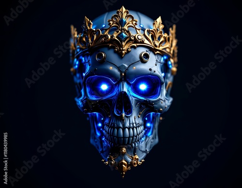 Cybernetic Skull King: Glowing Blue Eyes, Golden Crown, Dark Art photo