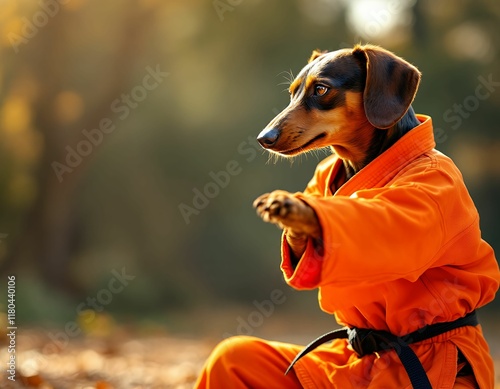 Dachshund in Orange Karategi: A Serene Autumnal Portrait photo