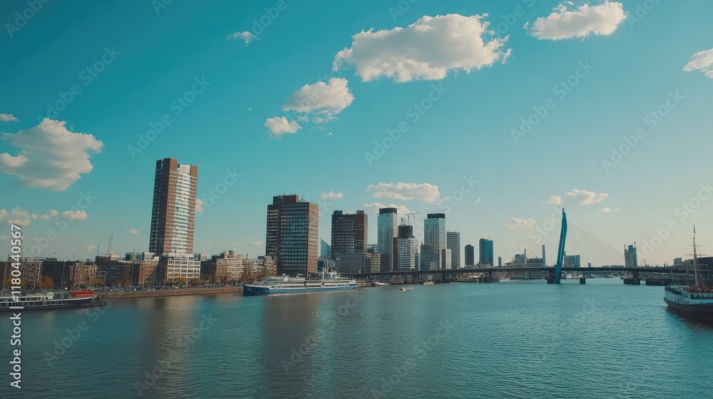 Fototapeta premium Scenic Cityscape View with Water Reflection and Cloudy Sky