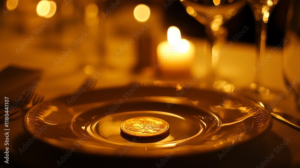 Elegant Dining Setting with Gold Coin and Candlelight Elegant Dining Setting with Gold Coin and Candlelight