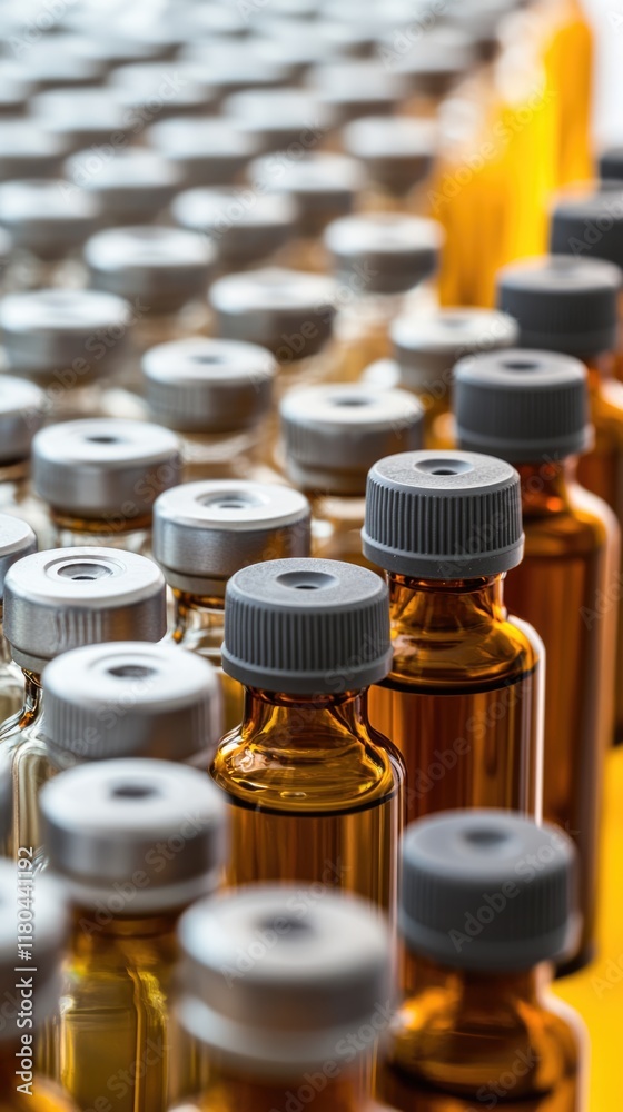 Rows of medical vials with vaccine liquid inside. Medicine for injection, pharmaceutical lab production Rows of medical vials with vaccine liquid inside. Medicine for injection, pharmaceutical lab production