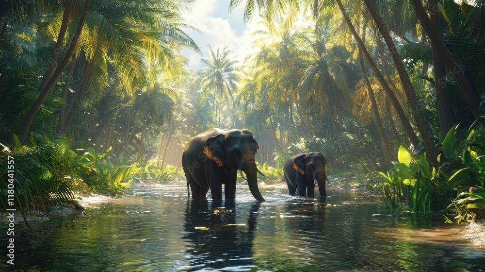 Naklejka premium Elephants standing in knee-deep water in a clear forest stream, surrounded by lush tropical vegetation.