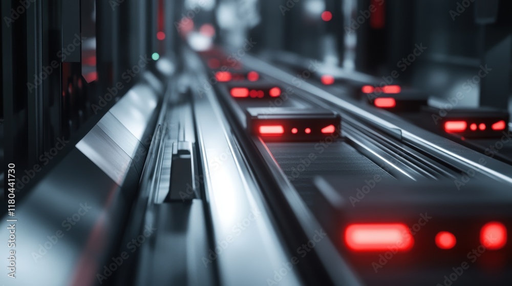 Futuristic automated warehouse logistics system transporting packages on a conveyor belt with glowing red lights, showcasing advanced technology and efficient distribution Futuristic automated warehouse logistics system transporting packages on a conveyor belt with glowing red lights, showcasing advanced technology and efficient distribution
