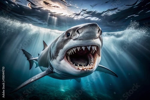 Surreal Underwater Shark Hunt: Jaws Open, Deep Ocean Predator photo