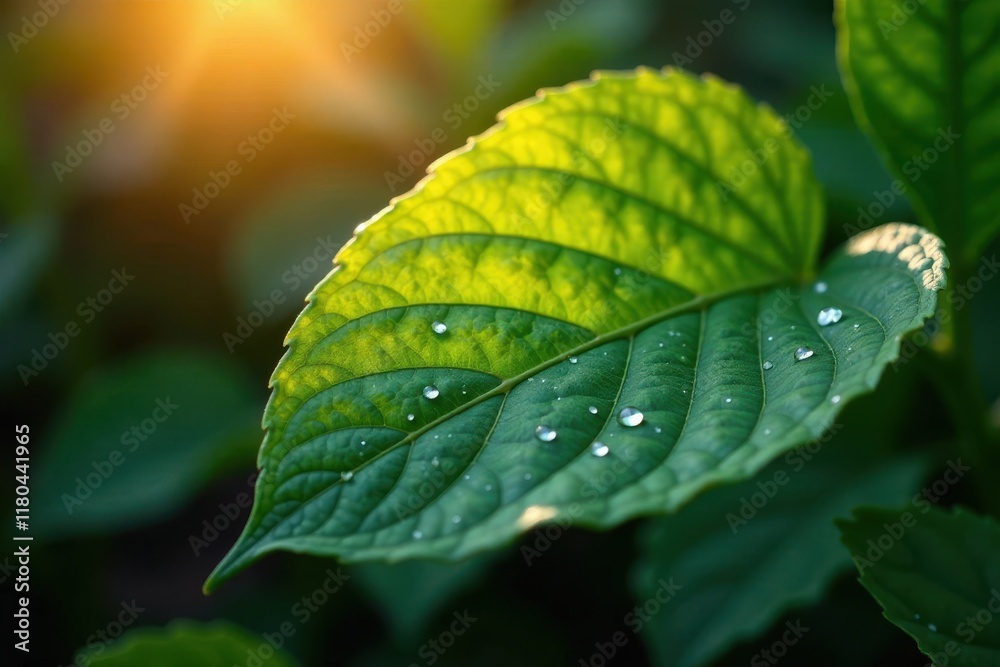 Delicate leaf aglow with radiant light, showcasing intricate veins and sparkling dew drops, landscape, outdoor, droplets Delicate leaf aglow with radiant light, showcasing intricate veins and sparkling dew drops, landscape, outdoor, droplets