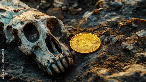 Ancient Coin Resting Beside Fossilized Skull photo