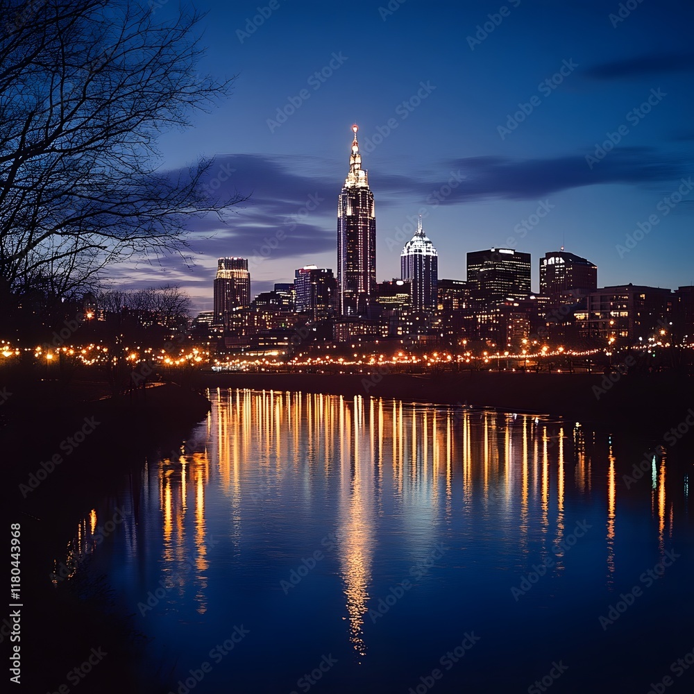 Fototapeta premium Captivating City Skyline Reflecting in Tranquil River at Night