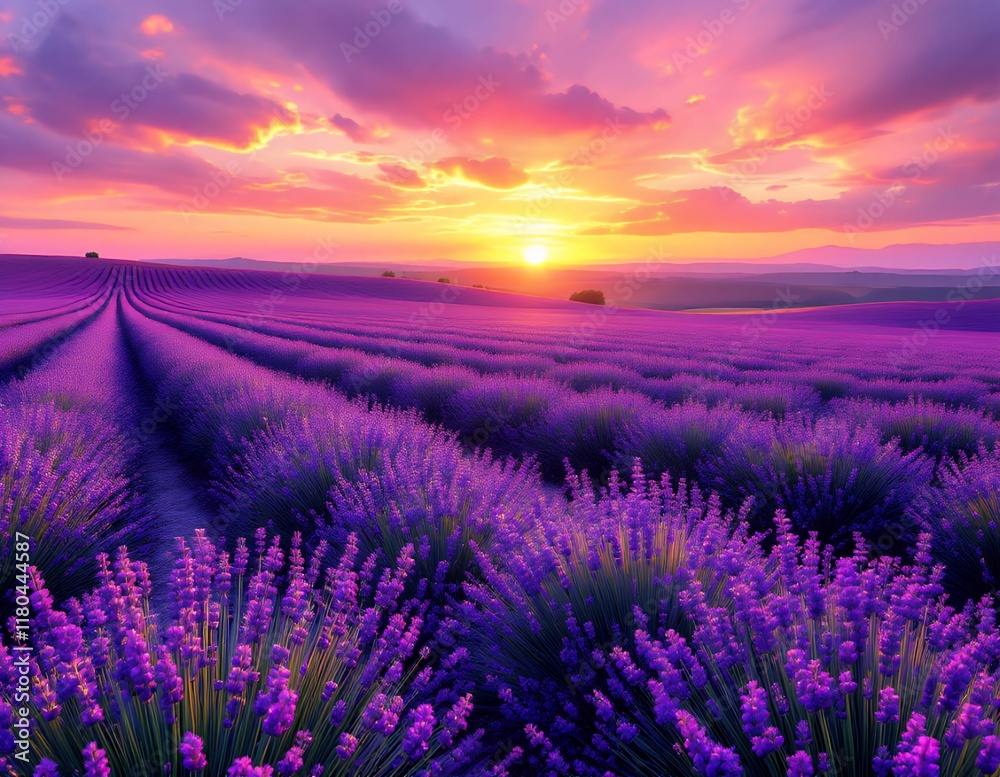 Obraz premium Lavender Sunset: Serene Purple Fields at Golden Hour