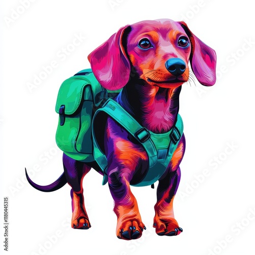 Colorful Dachshund with Backpack Surrounded by Vibrant Design Elements