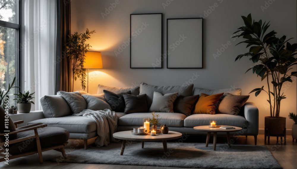 Cozy modern living room night with a gray sofa, a coffee table with candles, and a large window with curtains. Cozy modern living room night with a gray sofa, a coffee table with candles, and a large window with curtains.