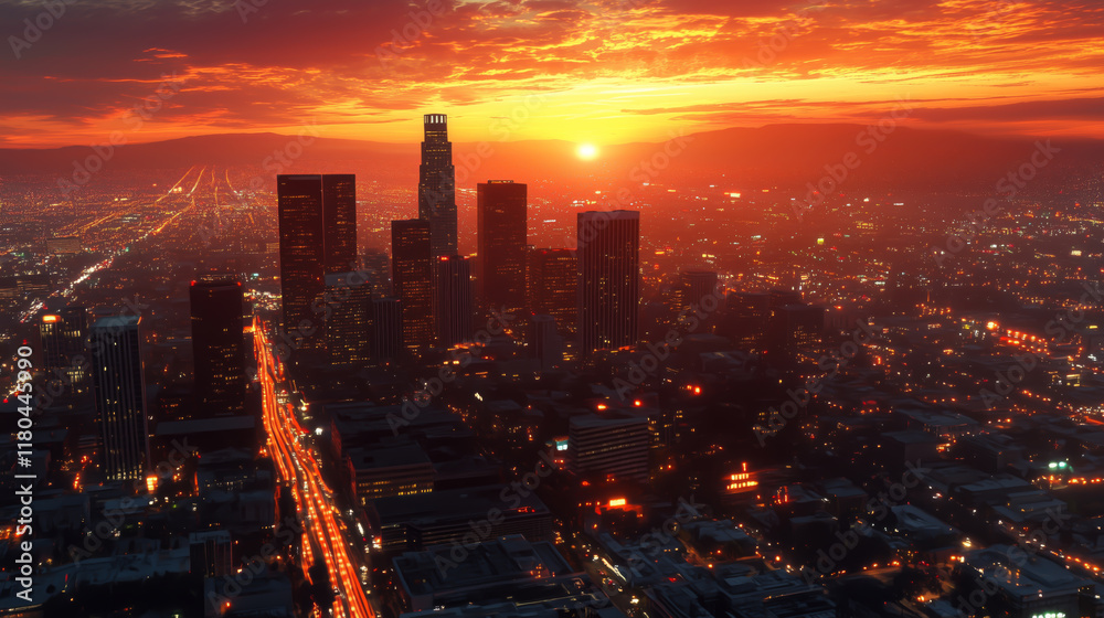 Fototapeta premium Los Angeles Skyline Sunset Cityscape Illuminates Night