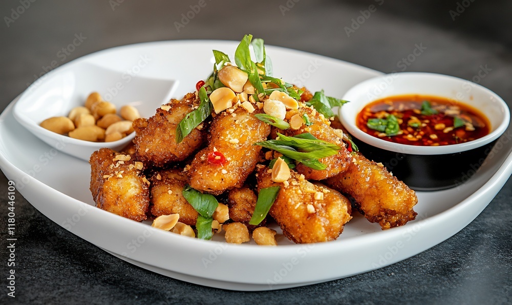A plate of crispy fried snacks garnished with peanuts and herbs. A plate of crispy fried snacks garnished with peanuts and herbs.