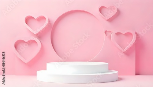 White round podium displaying products for valentine's day with pink hearts background