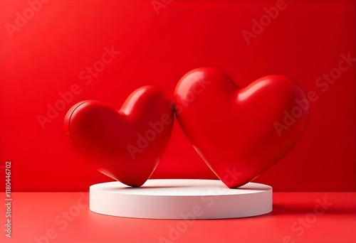 Two red hearts balancing on white podium for valentine's day