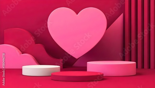 Pink valentine's day podium displaying heart shape with crimson backdrop