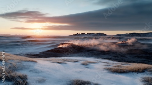 A vast snowy landscape bathed in soft sunrise glow, with steam rising from the earth, creating a dramatic and serene effect.