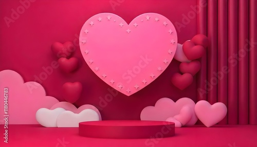 Pink podium with hearts and clouds floating on valentine's day