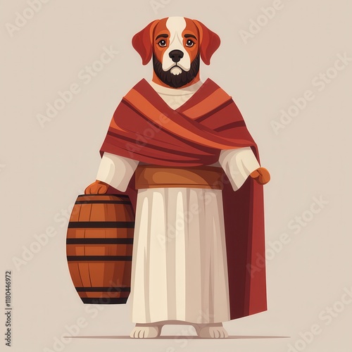 Cartoon Dog in Roman Garb Holding a Barrel in a Playful Style