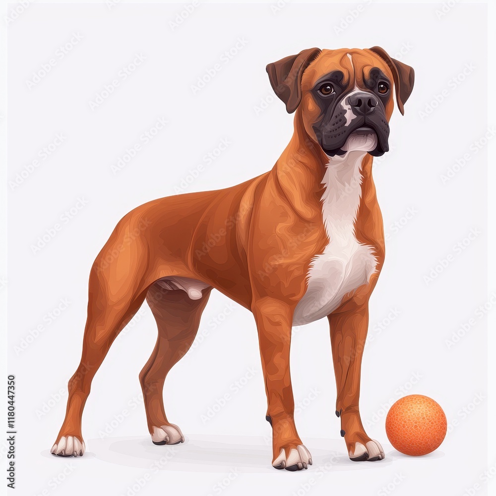 Playful Boxer Dog Standing Proudly Next to an Orange Ball Playful Boxer Dog Standing Proudly Next to an Orange Ball