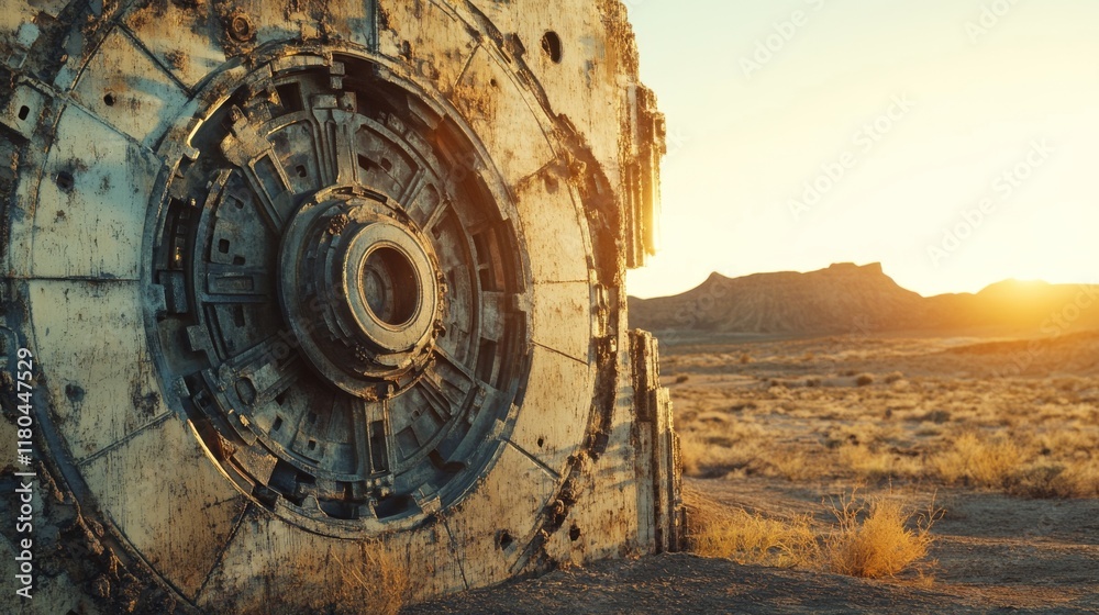 Obraz premium A colossal, weathered structure stands in a desert under a golden sunset, echoing stories of forgotten sci-fi worlds.