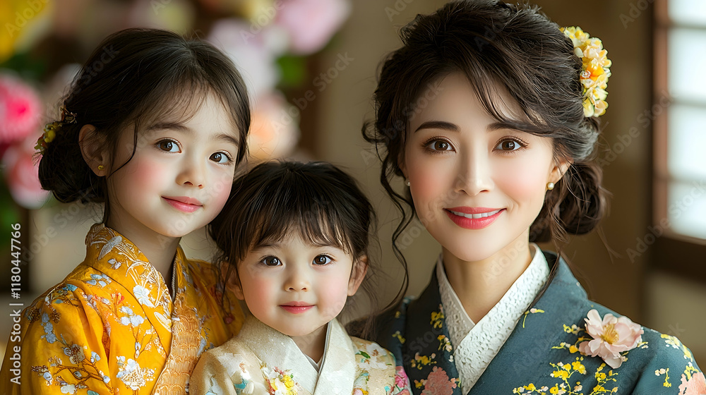 Japanese mother and daughters in kimonos, festive floral decorations in background. Japanese mother and daughters in kimonos, festive floral decorations in background.