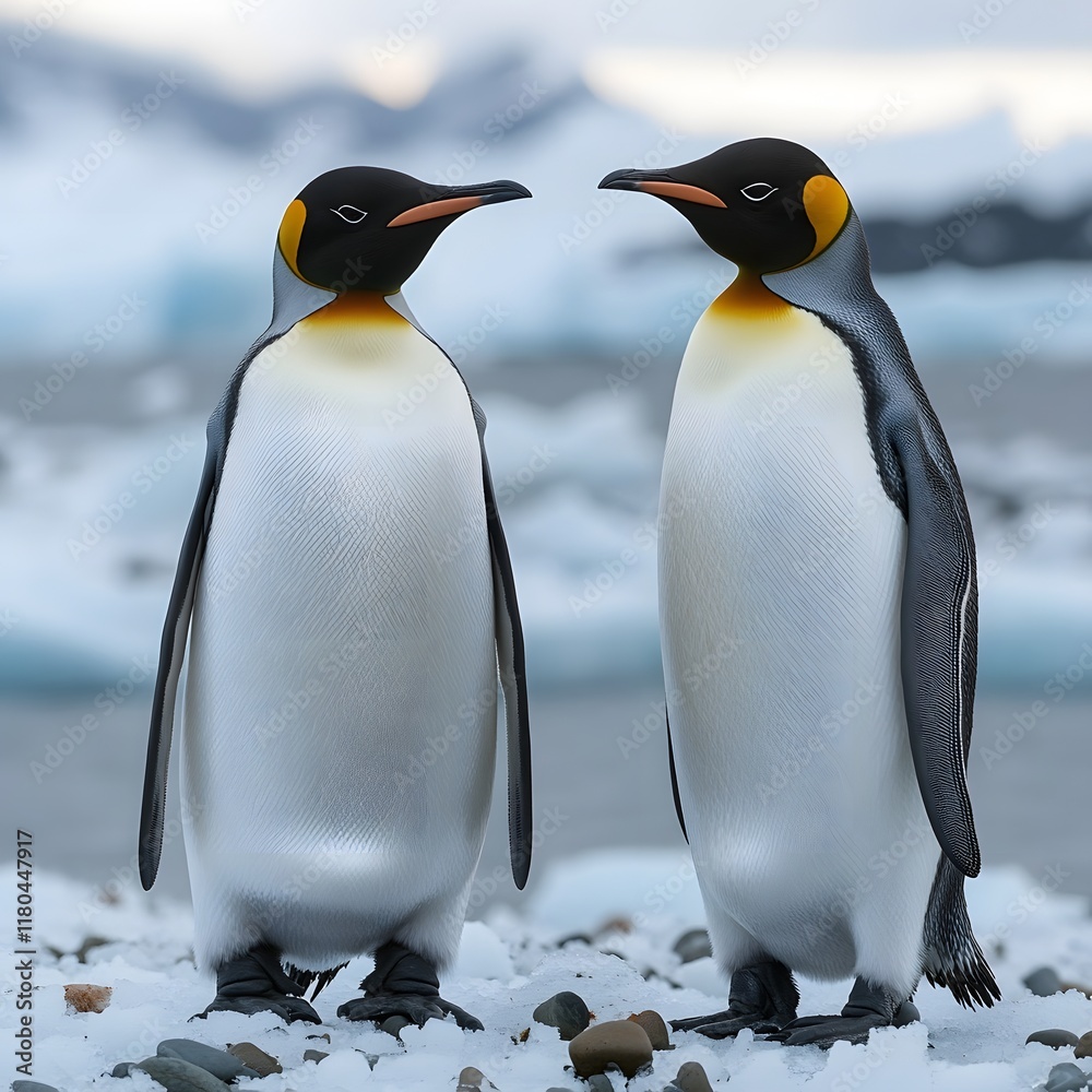 Fototapeta premium A Pair of Penguins Standing on an Icy Shoreline with an Antarctic Backdrop