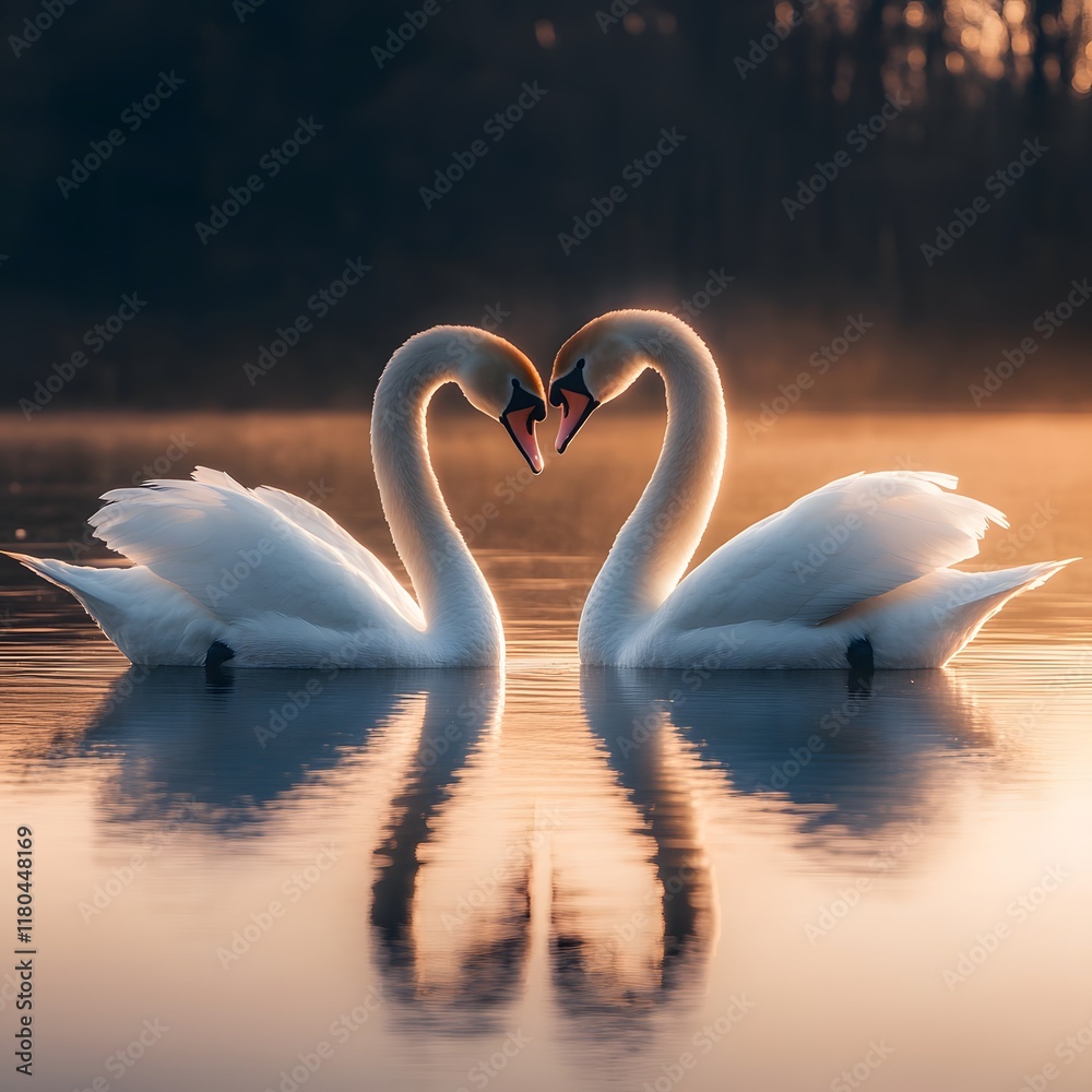Fototapeta premium Romantic Swans Forming Heart Shape at Golden Sunrise on Calm Lake